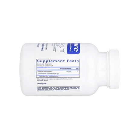 Pure Encapsulations Colostrum 40% IgG supplement facts panel listing serving size and ingredients