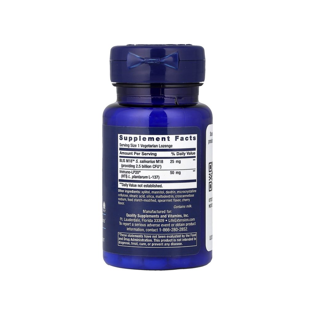 Life Extension FLORASSIST Oral Hygiene supplement facts panel listing ingredients and serving size