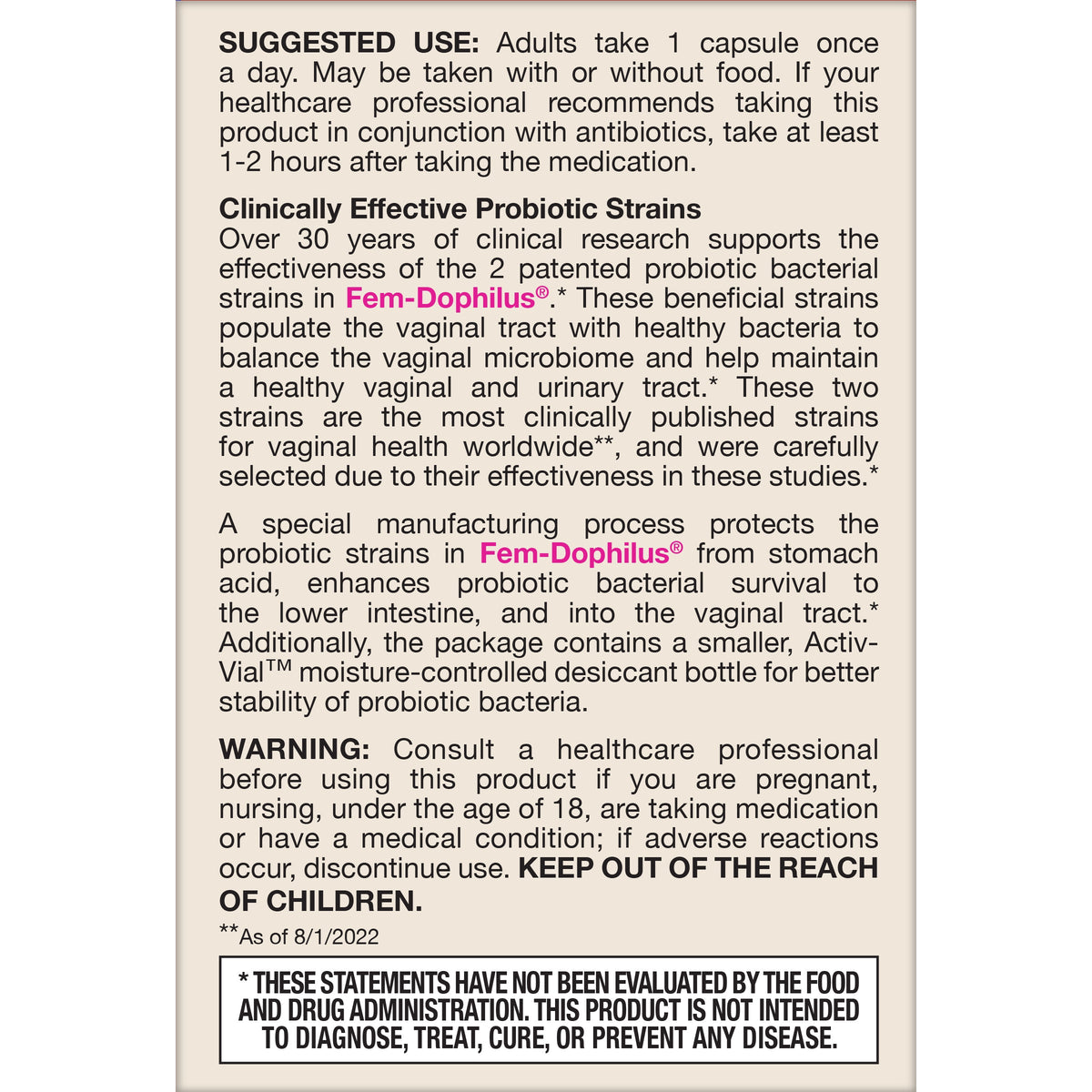 Fem-Dophilus 1 Billion suggested use and warnings panel