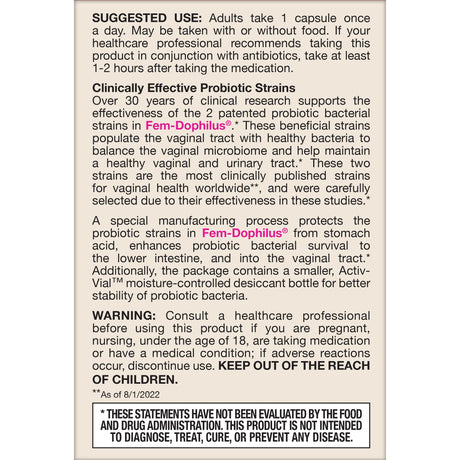 Fem-Dophilus 1 Billion suggested use and warnings panel