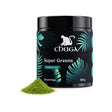 Chuga Super Greens Unflavored 240 g jar with a pile of green powder in front