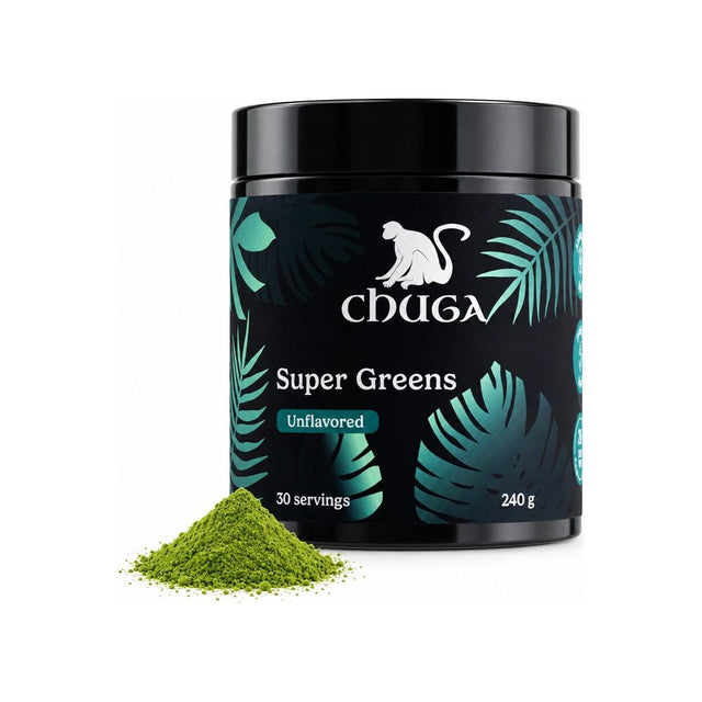 Chuga Super Greens Unflavored 240 g jar with a pile of green powder in front