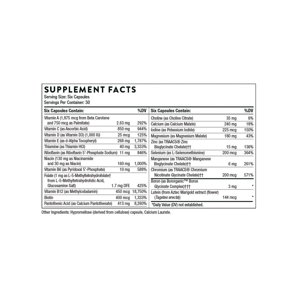 Thorne Men's Multi 50+ w/o CU FE supplement facts panel listing ingredients and serving size