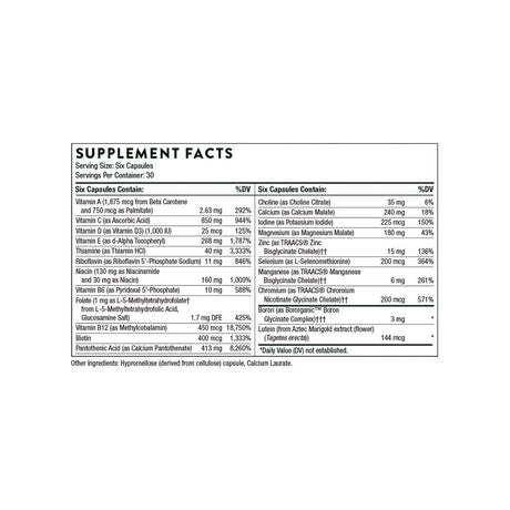 Thorne Men's Multi 50+ w/o CU FE supplement facts panel listing ingredients and serving size