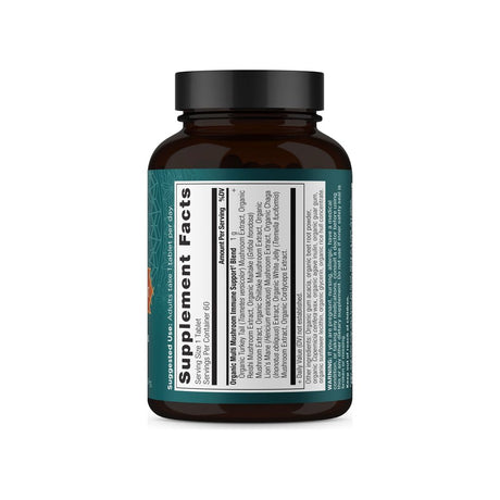 Ancient Nutrition Multi Mushroom Daily Immune Defense supplement facts panel with ingredients and serving size
