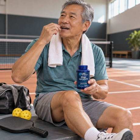 Life Extension Mega Lycopene 15 mg bottle held by an older man sitting on a pickleball court
