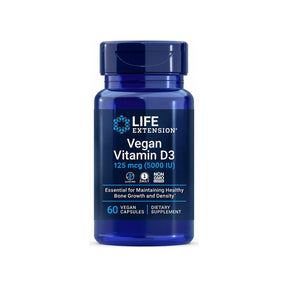 Life Extension Vegan Vitamin D3 5000 IU 60 vegan capsules front bottle with gluten-free and non-GMO badges