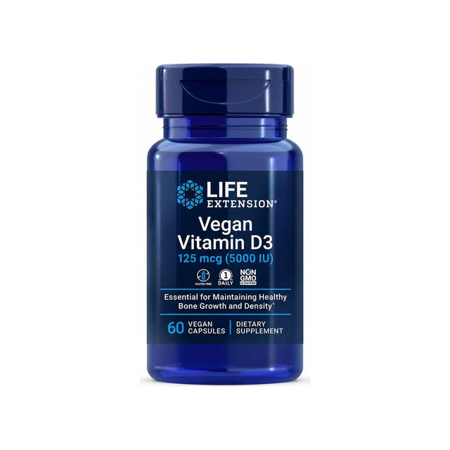 Life Extension Vegan Vitamin D3 5000 IU 60 vegan capsules front bottle with gluten-free and non-GMO badges