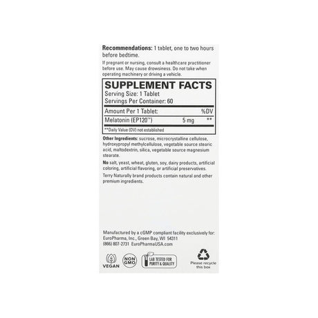 Terry Naturally Melatonin EP120 5mg supplement facts panel listing dosage, ingredients, and serving size