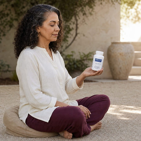 Pure Encapsulations Calm Mind capsules arranged beside the white supplement bottle
