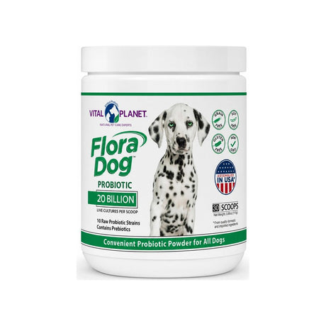 Vital Planet Flora Dog 20 Billion Probiotic Powder front jar with grain free and non GMO badges