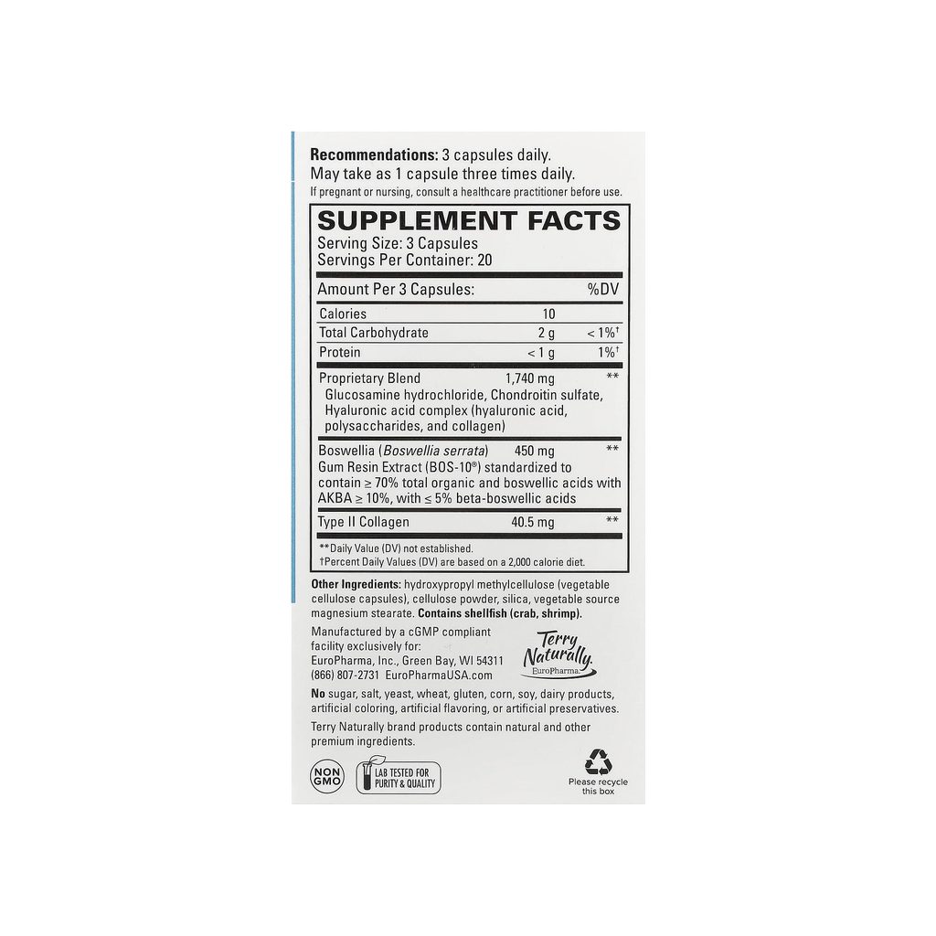 Terry Naturally Be Mobile supplement facts panel listing ingredients, dosage, and serving size