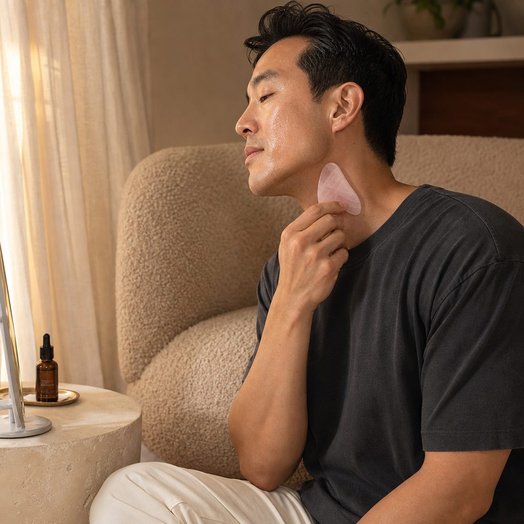 Woman using Qet Botanicals Rose Quartz Gua Sha Facial Massage Stone along her cheek