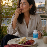 Diem Histamine Digest with DAO 60 Capsules on a kitchen counter near wine and aged foods