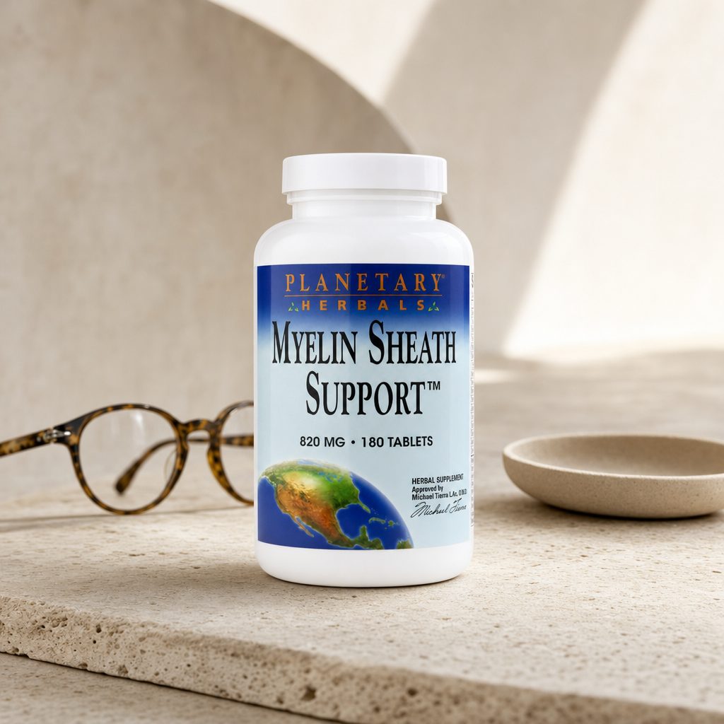 Planetary Herbals Myelin Sheath Support bottle beside a tablet organizer on a countertop