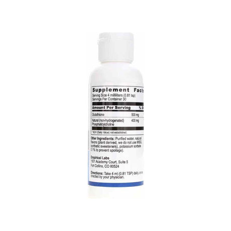 Empirical Labs Liposomal Glutathione supplement facts panel listing ingredients, dosage, and serving size