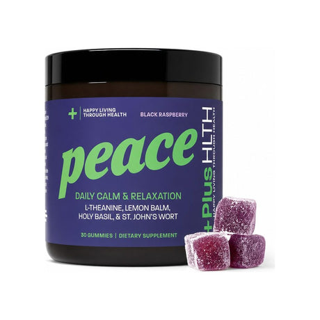 +PlusHLTH Peace Gummies black raspberry 30-count jar with black label