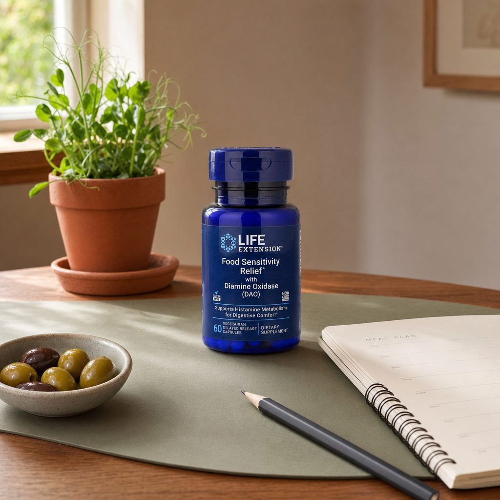 Life Extension Food Sensitivity Relief DAO bottle with histamine-rich foods on a kitchen table