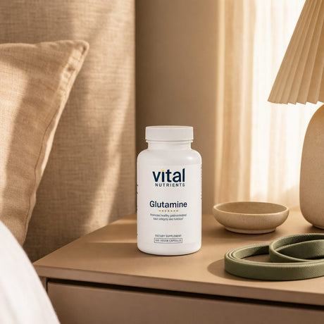 Vital Nutrients Glutamine 3400mg bottle with capsules on a clean countertop