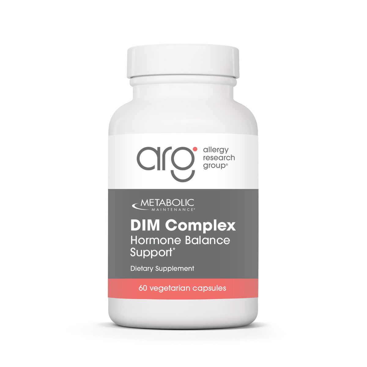 Metabolic Maintenance DIM Complex Hormone Balance Support 60 vegetarian capsules, white bottle with gray and coral Allergy Research Group label