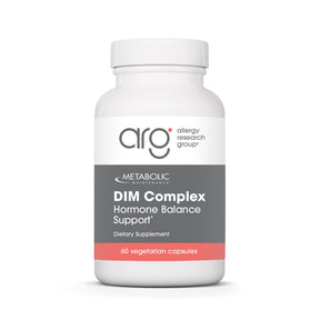 Metabolic Maintenance DIM Complex Hormone Balance Support 60 vegetarian capsules, white bottle with gray and coral Allergy Research Group label