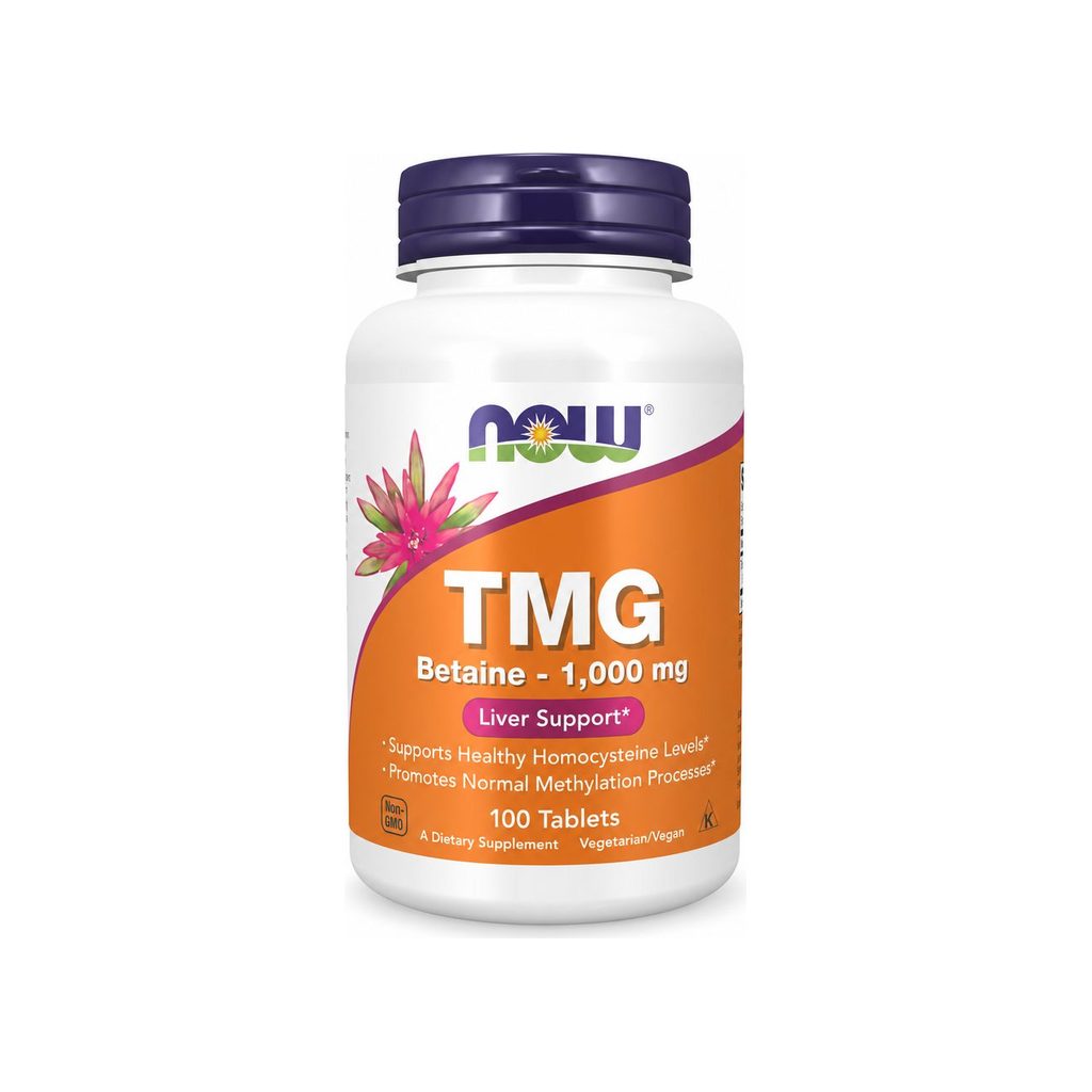 NOW Foods TMG Betaine 1000 mg 100 tablets bottle front label with Non-GMO and vegan icons