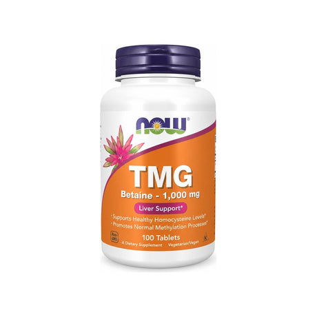 NOW Foods TMG Betaine 1000 mg 100 tablets bottle front label with Non-GMO and vegan icons
