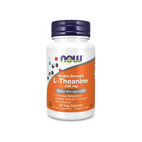 NOW Foods Theanine 200mg 60 capsules front bottle with double strength L-theanine label