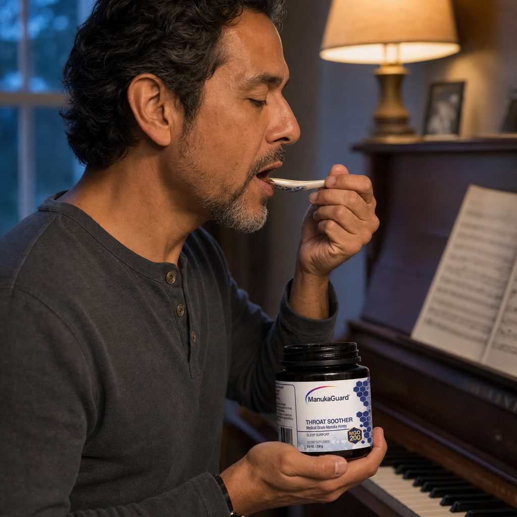 ManukaGuard Throat Soother MGO 200 angled jar with gold label