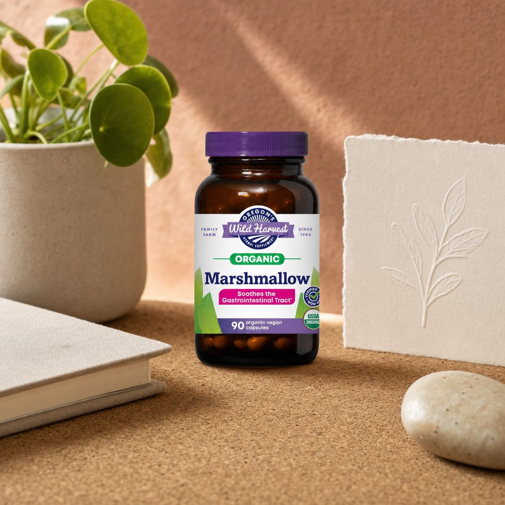 Oregon's Wild Harvest Organic Marshmallow Capsules side label with suggested use and product details