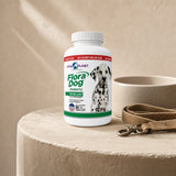 Vital Planet Flora Dog Probiotic Chews bottle with a dog in a home setting