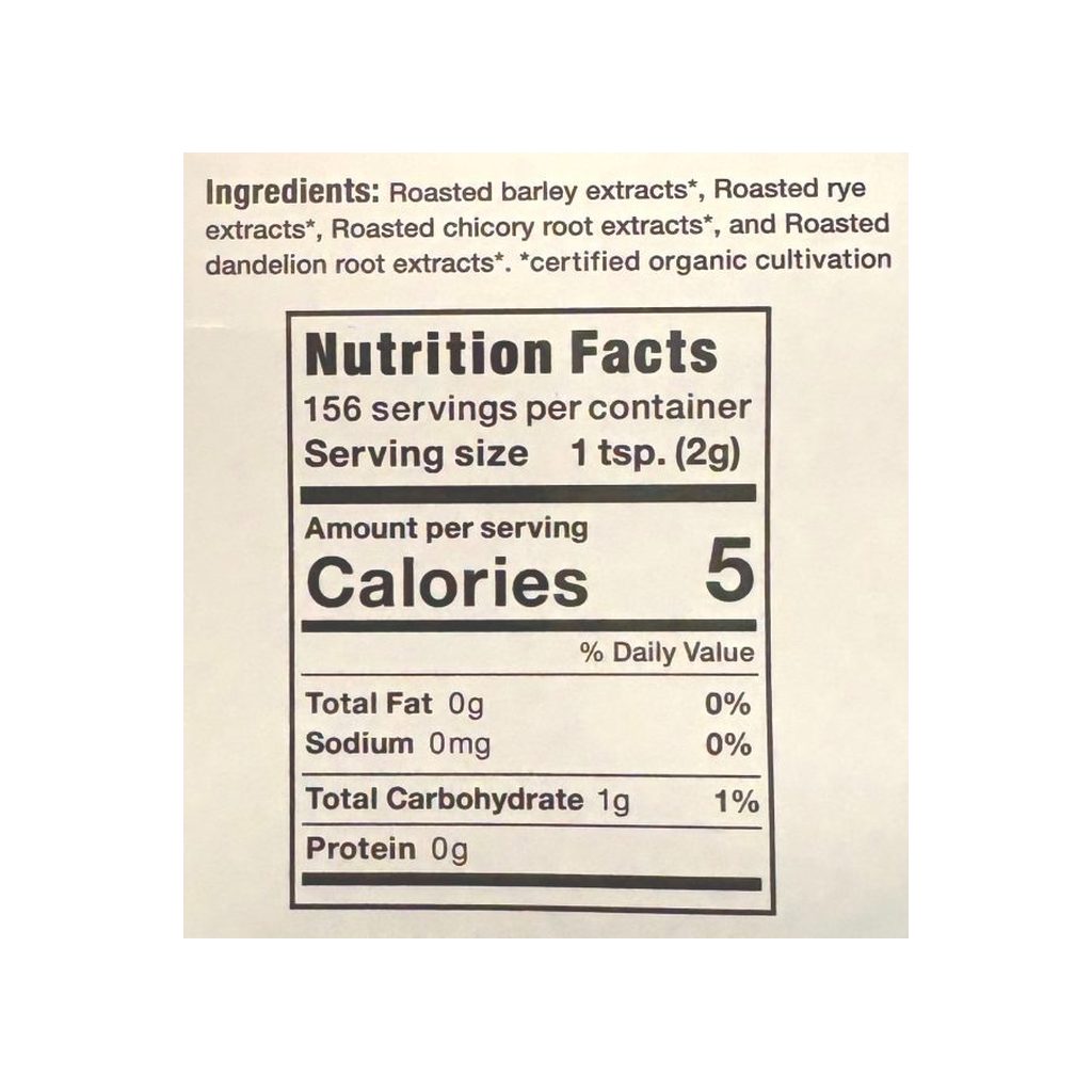 Dandy Blend Organic Instant Herbal Beverage supplement facts panel listing ingredients and serving size