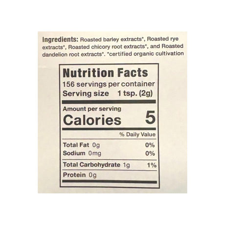 Dandy Blend Organic Instant Herbal Beverage supplement facts panel listing ingredients and serving size