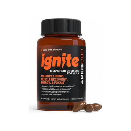 +PlusCBD Ignite Male Performance Softgels 90 ct front bottle on white background