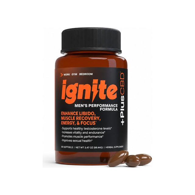 +PlusCBD Ignite Male Performance Softgels 90 ct front bottle on white background
