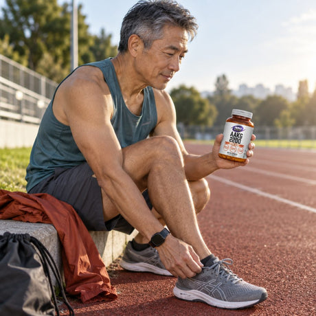 NOW Sports AAKG 2200 bottle held by a man tying his running shoe at the edge of a running track