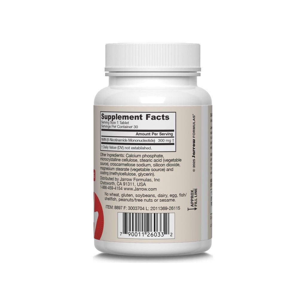 Jarrow Formulas NMN 300 mg bottle back label with supplement facts panel