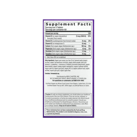 New Chapter Bone Strength Take Care supplement facts panel listing ingredients, dosage, and serving size
