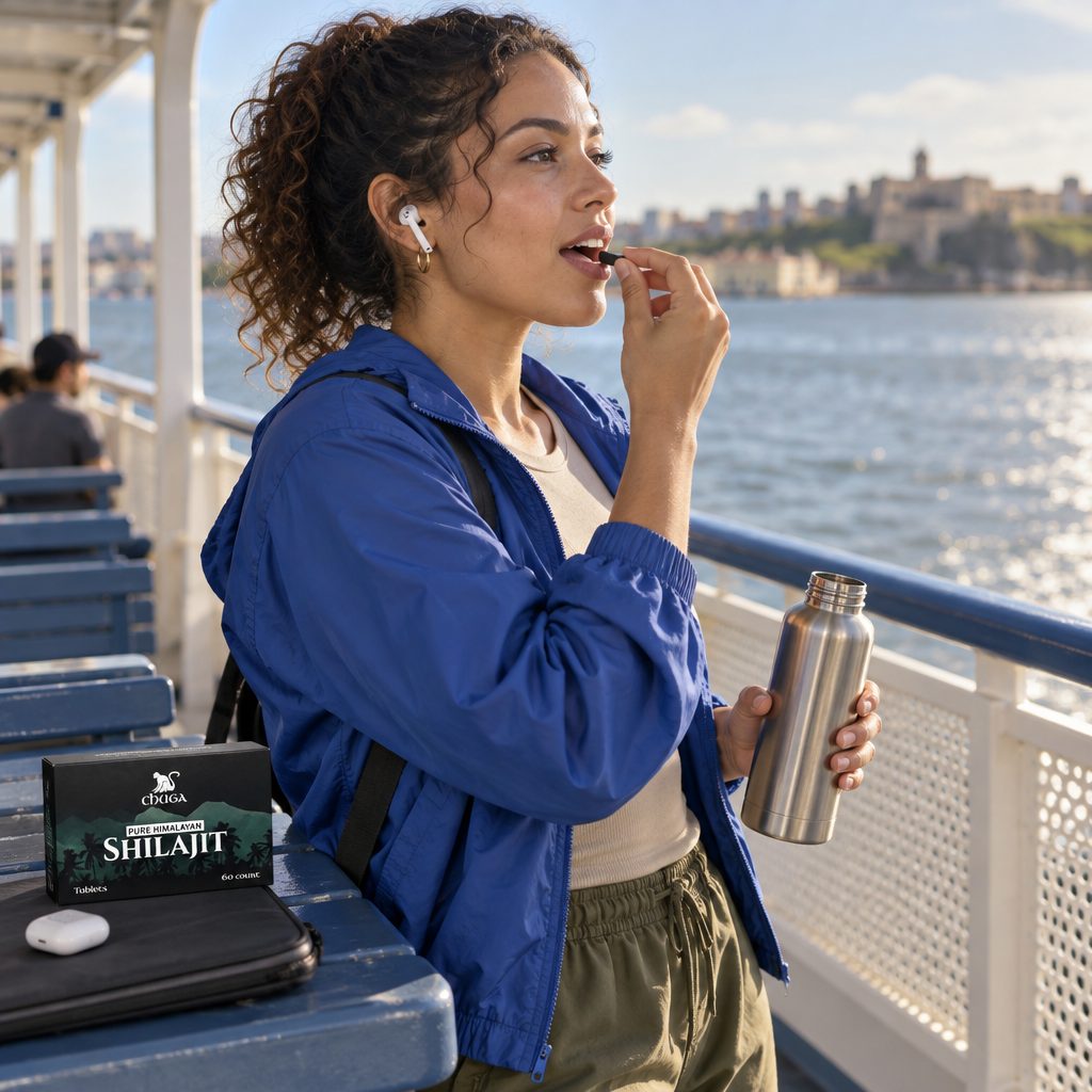 Chuga Pure Himalayan Shilajit Tablets box on a ferry bench while a woman takes a tablet, steel water bottle in hand