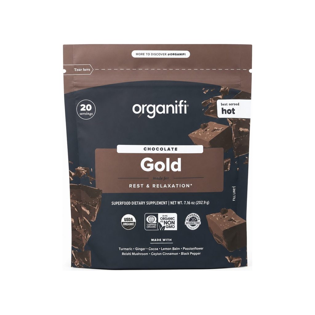 Organifi Gold Superfood Powder Chocolate front container with gold lid and chocolate flavor label