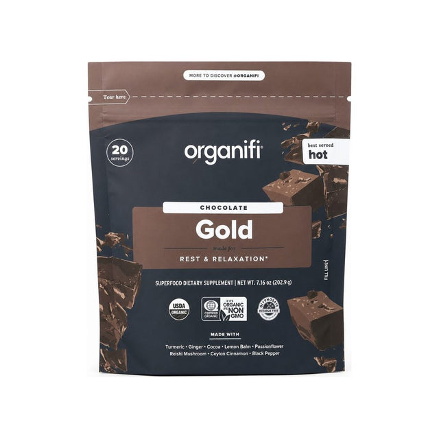 Organifi Gold Superfood Powder Chocolate front container with gold lid and chocolate flavor label