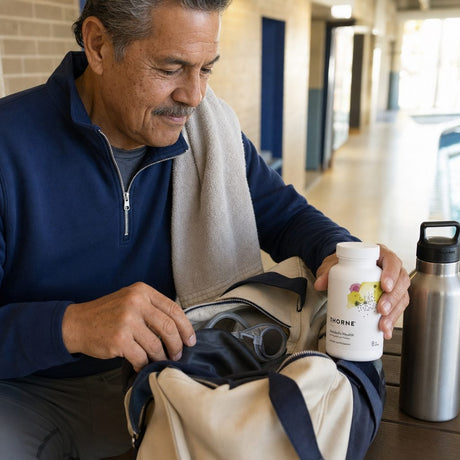 Woman in her 40s holding Thorne Research Metabolic Health bottle during morning supplement routine