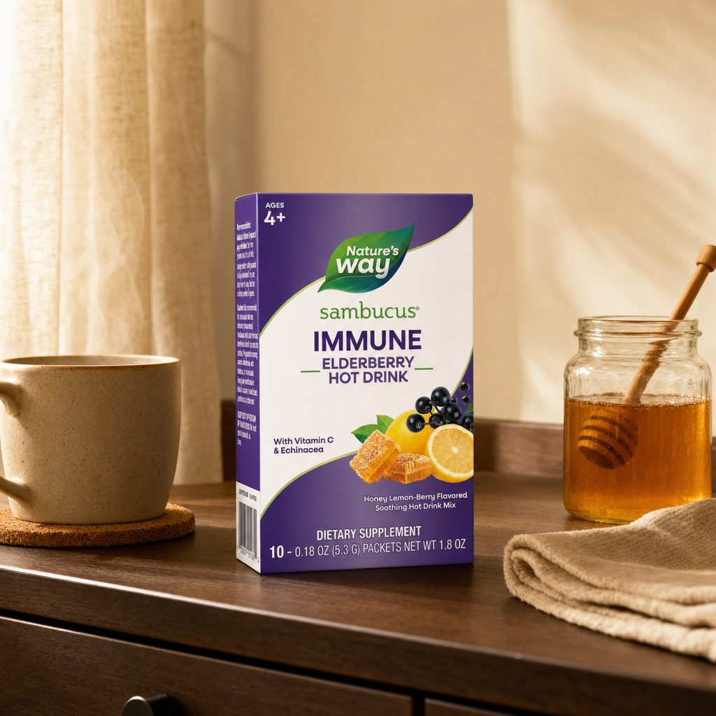Nature's Way Sambucus Immune Elderberry Hot Drink Mix packet with warm drink mug