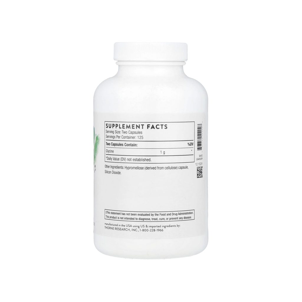 Thorne Research Glycine supplement facts panel listing ingredients, dosage, and serving size