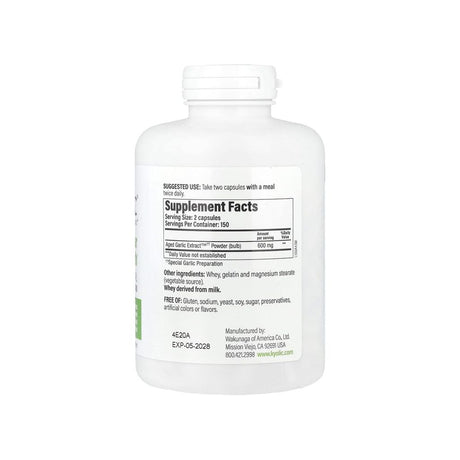 Kyolic Formula 100 supplement facts panel with ingredients, dosage, and serving size
