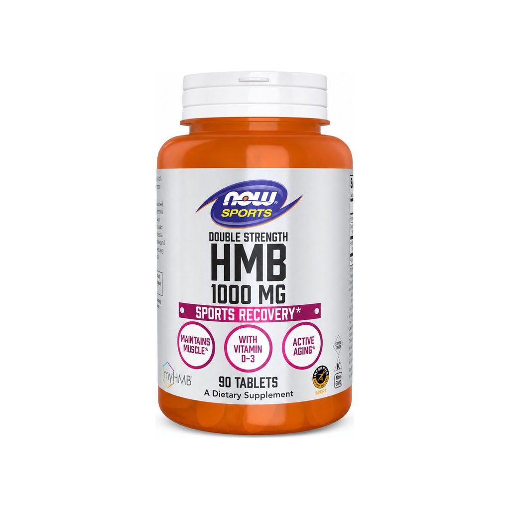 NOW Foods HMB Double Strength 1000 mg Tablets front bottle, 90 tablet sports nutrition supplement