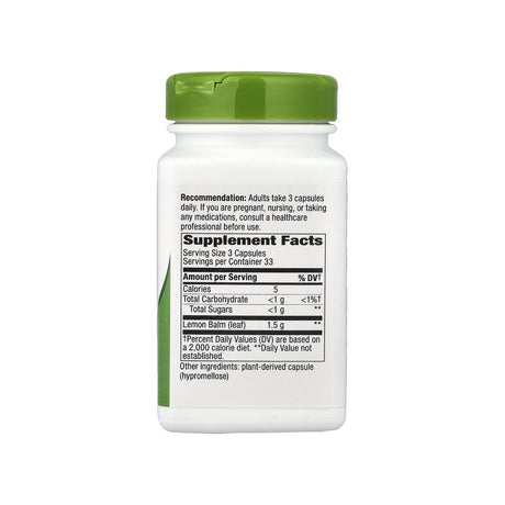 Nature's Way Melissa-Lemon Balm Leaf supplement facts panel listing dosage and ingredients