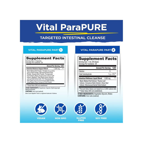Vital Planet Vital ParaPURE supplement facts panel listing ingredients, dosage, and serving size