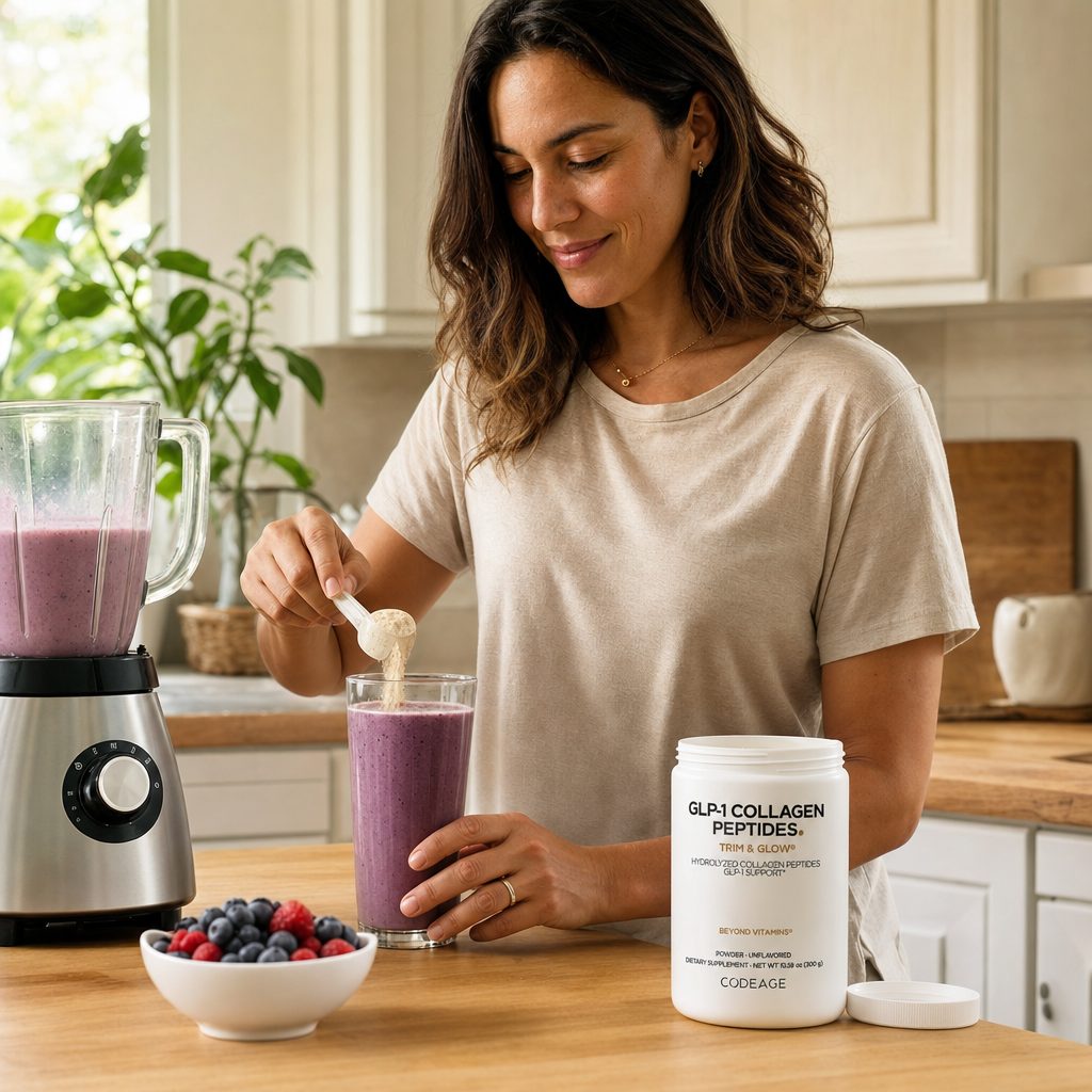 Codeage GLP-1 Peptides Powder lifestyle scene with powder added to a drink