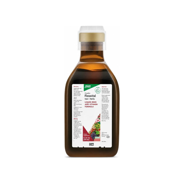 Floradix Floravital Iron + Herbs Yeast-Free 8.5 fl oz front bottle and carton